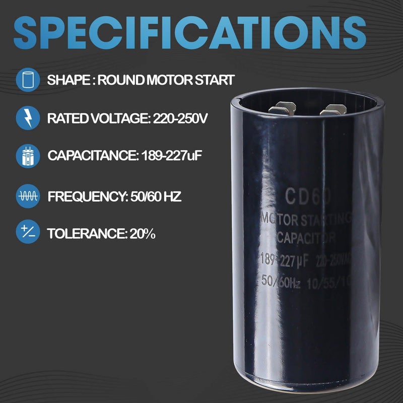Seentech 189-227 uf/MFD 220-250 VAC ±20% CD60 Round Motor Start Capacitor 50/60 Hz AC Electric Motor Universal Fit for AC Motor Run or Fan Start and Cool or Heat Pump Air Conditioner - Image 5